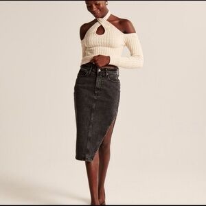Abercrombie & Fitch High-Slit Denim Midi Skirt Black Wash 25”